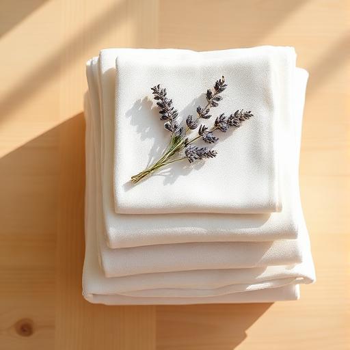 Freshly folded linens with dried lavender sprig