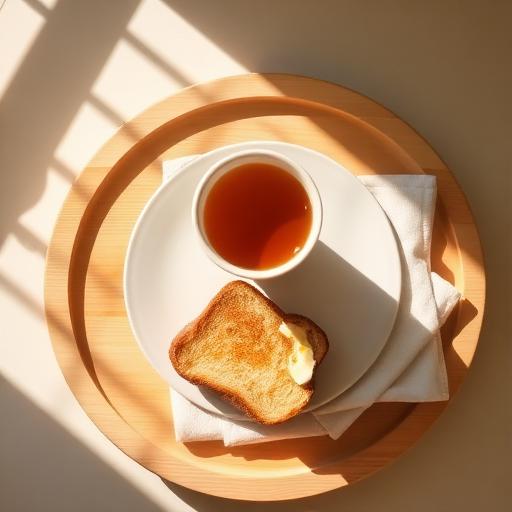 Morning tea and toast on a wooden tray in sunlight
