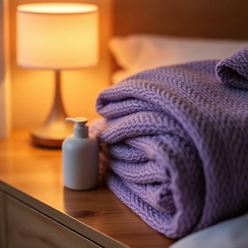 Warm bedside lamp with folded lavender blanket