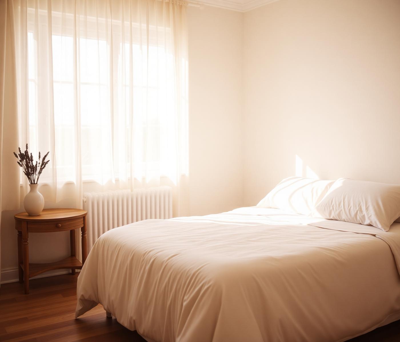 Warm morning sunlight through sheer curtains falling across freshly made cream bedding in a calm, tidy bedroom