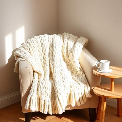 Cream knit throw draped over an armchair in afternoon light