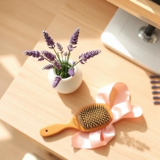 Small vase of soft lavender flowers with a wooden hair brush