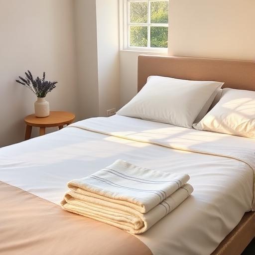 Freshly made bed with folded blanket and lavender