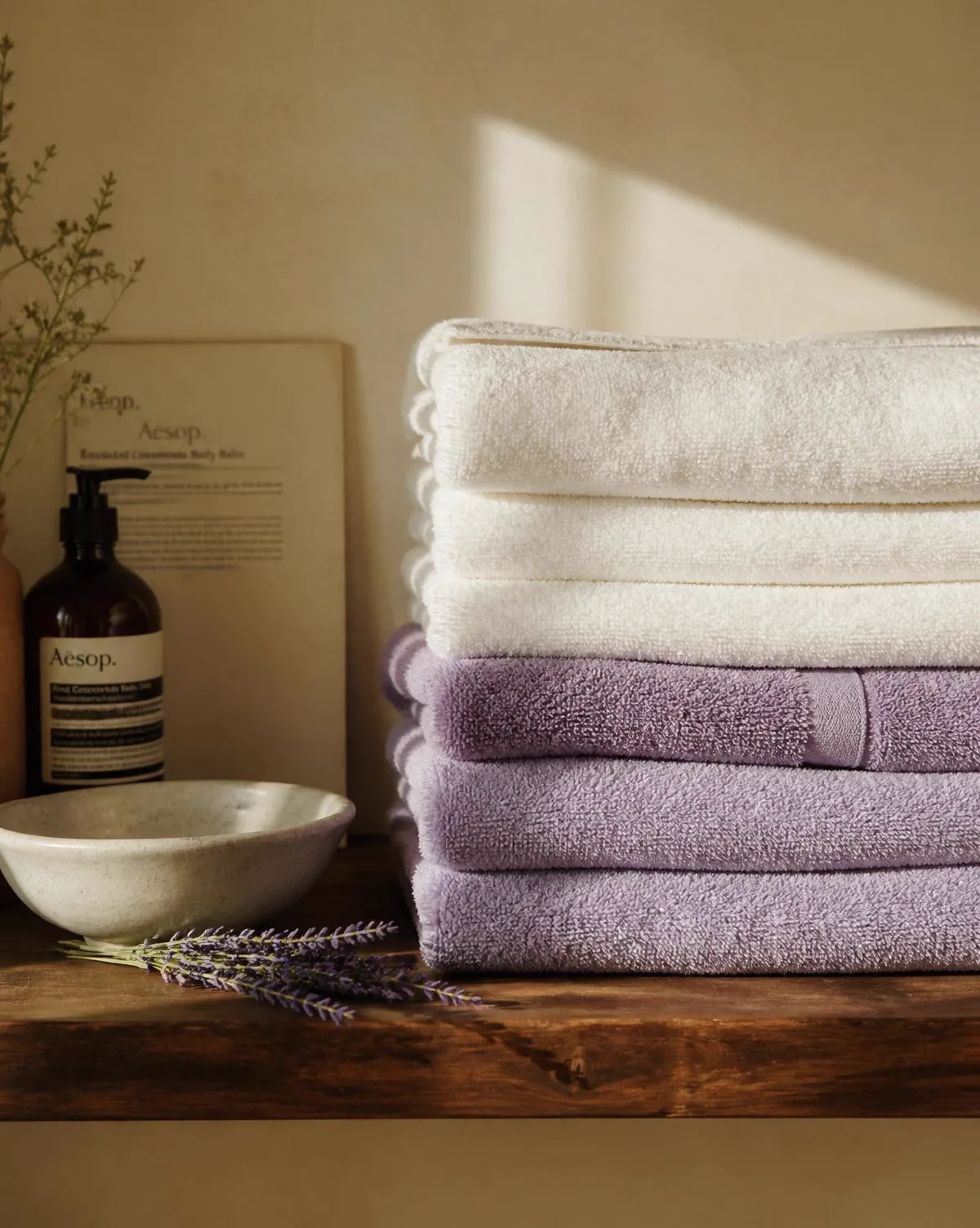 Freshly folded lavender and cream towels in warm afternoon light